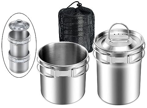 Lixada 2 Stück Camping Becher 700 ml und 1000 ml Campingbechern Edelstahl Tasse mit Aufbewahrungstasche, tragbare Kaffeetasse mit klappbarem Griff, Küchenzubehör für Camping, Angeln