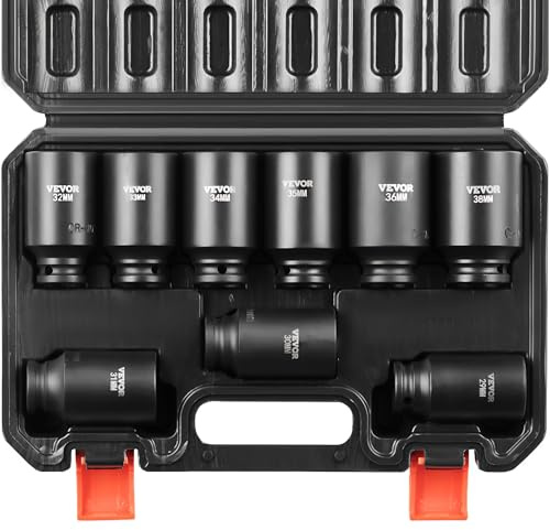 VEVOR 1/2 Drive Impact Socket Set, 9 Piece Deep Socket Set Metric 29-38mm, 6 Point Cr-Mo Spindle Axle Nut Impact Socket Set for Auto Repair,Easy-to- Read Size Markings, Includes Storage Case