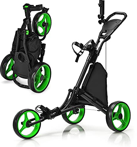 GYMAX 3 Wheels Golf Push Pull Cart, Lightweight Height Adjustable Golf Trolley with Storage Bag, Foot Brake, Umbrella Holder and Built-in Cooler, Foldable Golf Bag Holder
