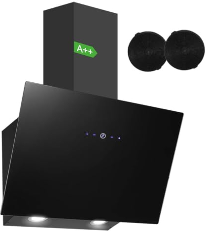 SNDOAS Cooker Hood 60cm, Class A++ Kitchen Extractor Hood 550m³/h with Carbon Filters, Delayed Shutdown Function, Recirculating & Ducting Modes, Black Glass Touch Control Extractor Fan Kitchen