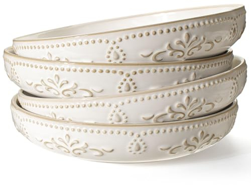 Artena Pasta Bowls, 50oz Large Salad Serving Bowls, 9.75'' Plates Bowl Set of 4, Big White Ceramic Soup Bowl for Kitchen, Embossment Shallow Dinner Bowl, Microwave Dishwasher Safe, Damask Floral