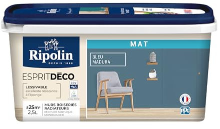 RIPOLIN - Peinture Intérieure Multi-Supports – Murs, Boiseries & Radiateurs – Ultra Couvrante – Lessivable – Application Facile – Ecolabel - Aspect Mat - 2,5L - Bleu Madura