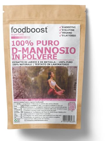 foodboost - D Mannosio 250g polvere - 100% Naturale Vegano - da Larice e Betulla - Ø Additivi senza Glutine senza Lattosio - Cistite e Benessere delle Vie Urinarie - Con Dosatore