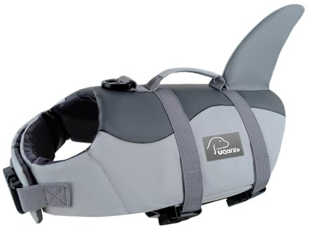 Voarge Giubbotti di salvataggio per cani squalo, Salvagente Cane Squalo con Manico e Catarifrangente, Pet Gilet di sicurezza Costumi da bagno Dog Life VestGrigio, S M (Grau, S)