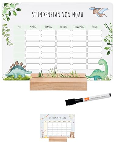 wunderwunsch® - Personalisierbarer & Abwaschbarer Stundenplan aus Acryl + Stift und Holzhalter - Einschulung Geschenk, für Schultüte zum Schulanfang oder Grundschule (Dinosaurier,ohne Holzhalter)