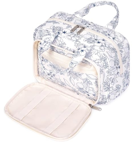 Narwey Full Size Toiletry Bag Large Wash Bag Makeup Bag Travel Organizer Cosmetic Bag for Women (Navy Blue Flower)