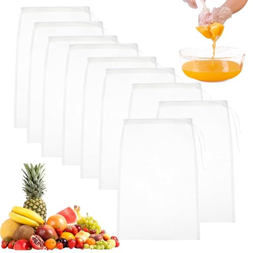 Garza Alimentare, 9 pezzi Sacchetti per Latte di Noci 20 x 30 cm Garza Alimentare per Filtrare Riutilizzabil Nylon a Maglia Fine con Coulisse per Succhi di Frutta, Caffè, Latte di Noci