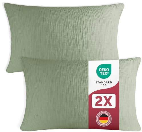 Blumtal Musselin Kissenbezug 40x80 cm 2er Set - OEKO-TEX zert. Musselin Kopfkissen 40x80 Bezug 100% Baumwolle - weiches Kissen-Set waschbar bei 40 °C - atmungsaktive Sommer Kopfkissenbezüge Sommergrün