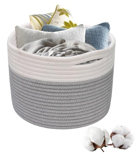 Bailtouk Woven Rope Storage Basket, Toy Storage Basket with Handle, Baby Laundry Basket Small Blanket Basket Gift Basket for Living Room, Bedroom, Office, 21×21cm (Grey and White)