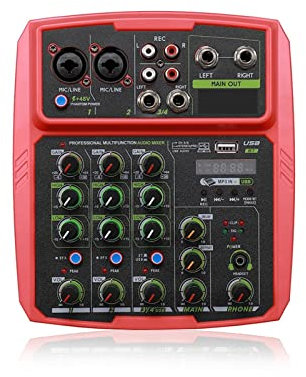 Audio Mixer, 4-kanalers ljudmixergränssnitt Professionell Studioinspelning Ljudkort Mixerkonsol Mikrofon 48V Phantom Power för Party(Rood)