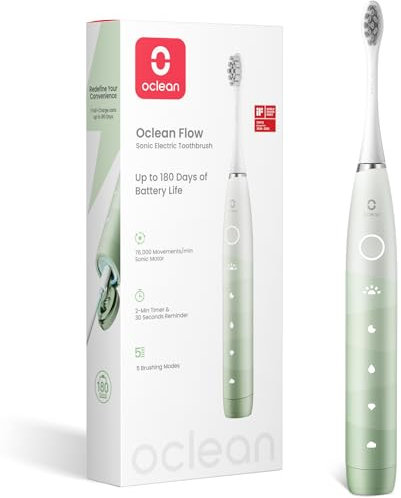 Oclean Flow, Brosse à Dents Électrique, Autonomie 180 jours, Brosse à Dents Électrique Sonique, 5 Modes avec Sensible, Minuterie & Rappel 30s, IPX7- Vert