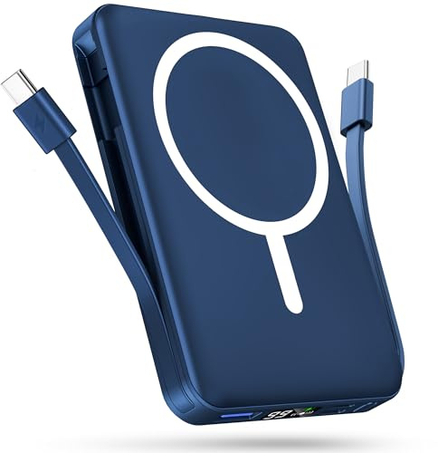 Podoru for Magsafe Powerbank, 10000mAh Magnetische Wireless Power Bank mit USB-C Kabel PD 20W Schnellladen mit LED Display, Kabellos Akkupack für iPhone 17/16/15/14/13/12 Alle Serien (Blau)