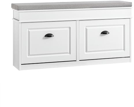 SoBuy Scarpiera Salvaspazio Slim con Seduta Panca Scarpiera da Ingresso Contenitore in Legno Mobile Ingresso per Scarpe, 104x24x54cm Effetto Legno Invecchiato Bianco FSR64-WG