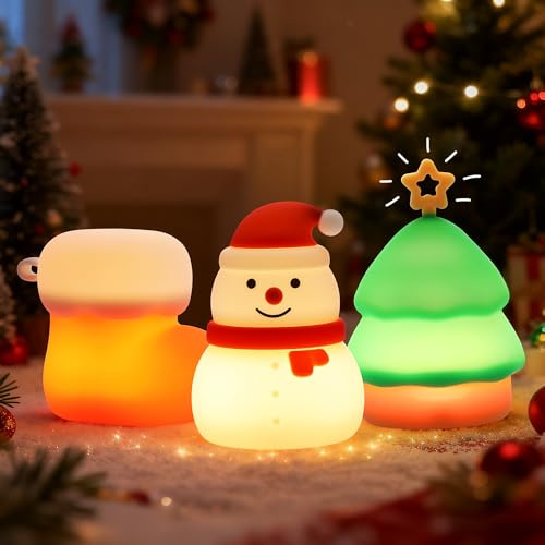 Wrischan Luz Nocturna Infantil Navideña,3 Piezas Luz Bebe Nocturna de Silicona para Bebé con 7 Colores RGB, Bota de Muñeco de Nieve Decoración de Árbol de Navidad Regulable Lampara Bebe Noche