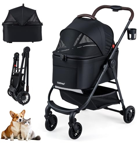 COSTWAY 3-i-1 Hundvagn med Justerbart Nättak, Korg och Mugghållare, Vikbar Husdjursbuggy för Hundar och Katter Upp till 15 kg, Transportväska, Hundbur, Metall, Svart