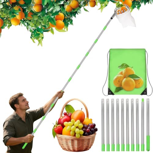 GAESHOW Raccogli Frutta Telescopico 4M, Raccoglitore di Frutta con Manico Telescopico, con Palo in Acciaio Inox Leggero e Sacchetto di Cotone, Picker per Apple Limone Cherry