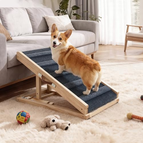 Tukailai Rampa para perros de madera de 70 cm de largo, escalera para perros para cama, sofá, coche, plegable, 2 alturas ajustables, rampa para mascotas con alfombra antideslizante y barras