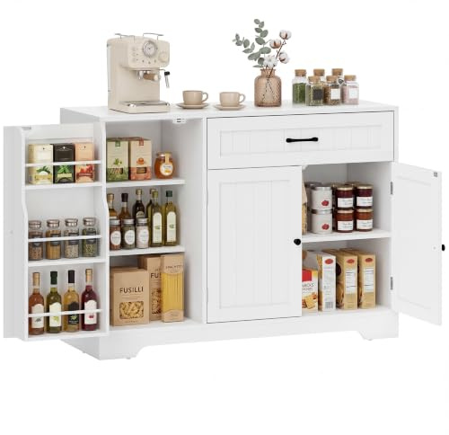 HOMCOM Buffet Cuisine Meuble de Rangement avec Tiroir 110x40x80cm Blanc | 4 Portes à Fermeture Douce, Racks-Porte, Étagères Réglables, Meuble TV, Buffet de Salle à Manger et Salon