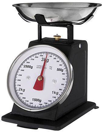 Premier Housewares Retro Style Kitchen Scale with Stainless Steel Bowl, 3 kg - Matt Black, H16 x W17 x D14cm