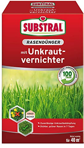 Substral Rasendünger mit Unkrautvernichter, 2in1: Unkrautvernichtung + Düngung, 100 Tage Langzeitwirkung, 40 m², 0,8 kg