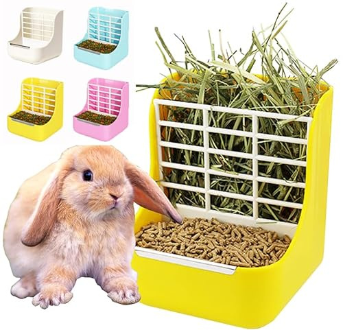 MINGZE Alimentador de heno para Conejo, para Chinchillas, Grandes, cobayas, contenedores de Alimentos 2 en 1,Contenedor de Recipiente de Comida Fija (Amarillo)