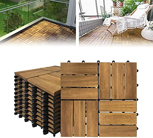 LARS360 12 Lamas Acacia Hardwood Baldosas, Terraza Baldosas, Jardín Baldosas de Baldosas de Suelo Baldosas para Balcón Decking Azulejos 30x30cm Tiles, para Porche Patios Jardin Alberca, 22 Piezas(2m²)