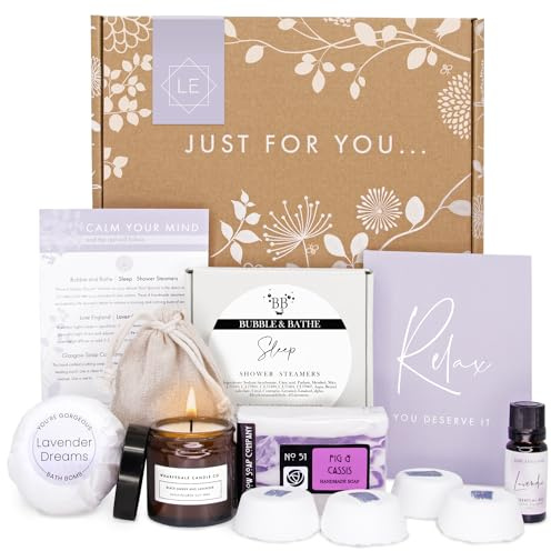 SLEEP & RELAX Pamper Hampers for Women - Handmade, Sustainable Relaxation Gifts for Women: Candle, Soap, Essential Oil, Bath Bomb, Shower Steamers and Lavender by Luxe England