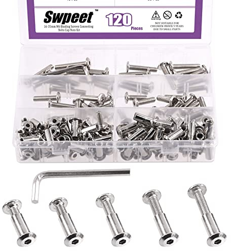 Swpeet 120Pcs M6x16mm/20mm/25mm/30mm/35mm Nickel Plated Sliver Hex Drive Socket Cap Bolts Barrel Nuts Kit with 1Pcs Allen Wrench, Screw Post Fit for Furniture Countsunk Belt Leather Binding Bolts