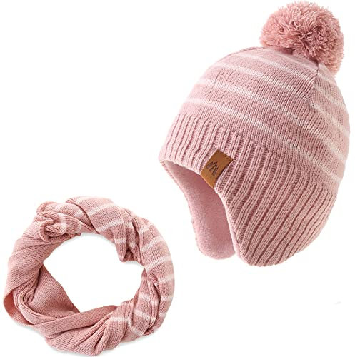 AHAHA Wintermütze Mädchen Kinder Beanie Earflap Pompon Strickmütze und Schal 55CM