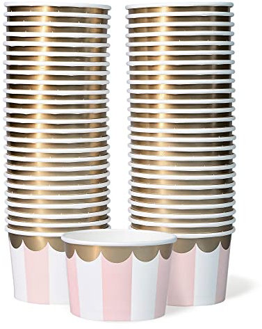 Vasos de papel para helados, 50 unidades, rayas rosas y blancas, lámina dorada, 9 onzas