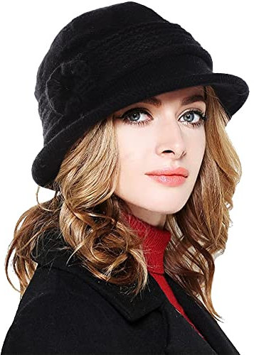 Yutdeng Bonnet Tricotée Chapeau Femme Fille d'hiver Chaud Élégant Bonnet Doublure en Peluche Vintage Souple Casquette Doux Épais Fleurs Cloche Hat Confortable Sports Ski Cap Noir