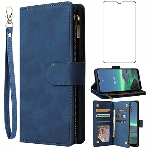 Asuwish Compatible with Nokia 1.4 Wallet Case and Tempered Glass Screen Protector Leather Flip Cover Card Holder Stand Cell Accessories Phone Cases hülle coque funda for Nokia1.4 TA-1323 Women Blue