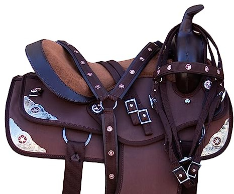 Selle de cheval Western Cordura synthétique Pleasure Trail Barrel Racing Tack Set de conchos en cristal argenté pour enfants adultes Siège de 25,4 cm à 45,7 cm (siège de 25,4 cm)
