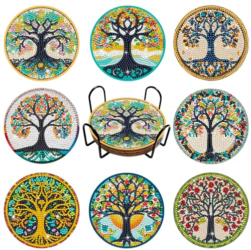 Diamond Painting Untersetzer,Diamond Painting Mandala Lebensbaum für Kinder Erwachsene mit Halter,8 Stück DIY Bastelset 8 9 10 Jahre Kinder 5D Mandala-Untersetzer,Wohnzimmer Dekoratio