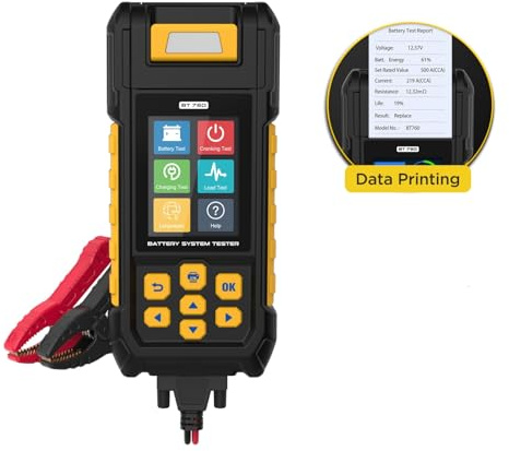 Tester batteria BT760 analizzatore batteria 30-2000 CCA test batteria/carica/carica per veicoli da 8-32 V, furgoni HD, camion, moto, stampante integrata con 3 rotoli di carta per stampante 14 lingue