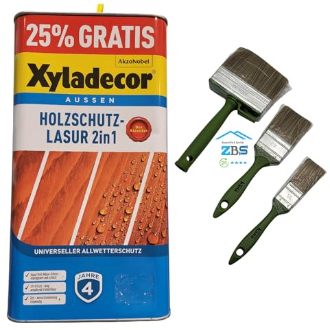 zbs24 Xyladecor Holzschutzlasur 2in1, keine Grundierung, Pinselset, tief eindringend, hoher UV-u. Nässeschutz, für alle Holzbauteile im Aussenbereich (nussbaum, 5 Liters)