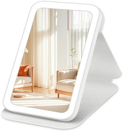GlasFlength Specchio Trucco con Luci, Specchio Trucco a LED Pieghevole Portatile 3 Modalità di Luci Mirror con Pulsante Touch Luminosità Regolabile per Viaggi Ufficio e Tavolo da Trucco (Bianco)