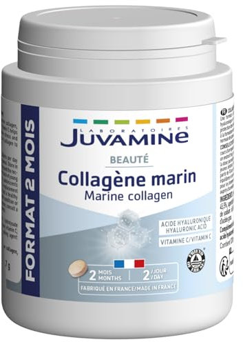 JUVAMINE - Collagène Marin et Acide Hyaluronique - Vitamine C - Beauté - Peau et Articulations - Programme de 2 mois - 120 Comprimés - Fabriqué en France