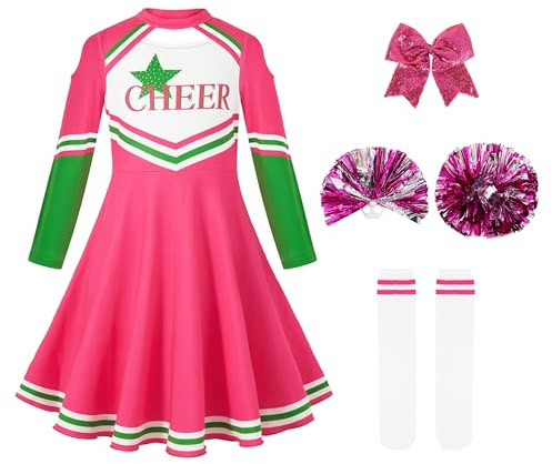LOLANTA Costume da Cheerleader per Bambine Rosa, Abito da Cheerleader a Maniche Lunghe con Pompon e Calzini, Perfetto per Carnevale o Eventi Sportivi(rosa,9-10 Anni, 140)