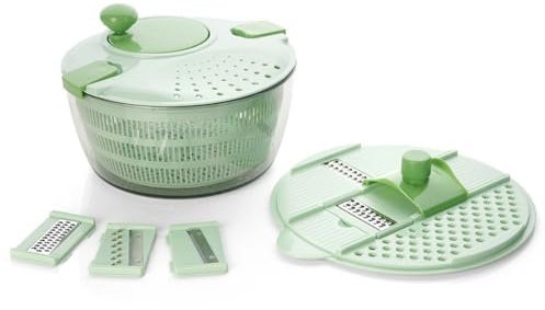 LoveFirst Large Multifunctional Salad Spinner and Slicer with Vegetable Washing Basket and Clear Serving Bowl, Herb Lettuce Fruits Dryer & Vegetable Chopper with 5 Blade Slicer,Easy Clean