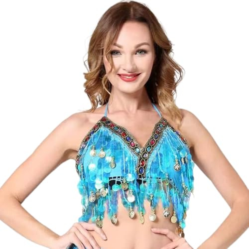 DOKRIN Tops de danza para mujer,Sujetador de lentejuelas azules,disfraz de danza del vientre, sujetador con cordones, moneda colgante, vestido de baile de rendimiento, top con borlas