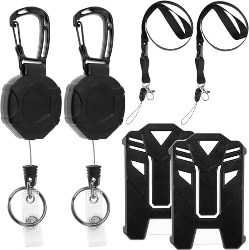 QWORK® 2 Pezzi Portachiavi Retrattile con Porta Badge Robusto, Filo in Acciaio 80cm e Cordino da Collo, per Ufficio, Sicurezza e Trekking