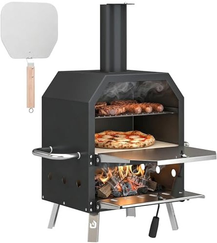 Outsunny Pizzaugn, vedeldad pizzaugn, rostfritt stål, 2 nivåer, ugn med 1 cm tjock pizzasten, luftöppning, vikben, pizzaugn, handtag, bärbar vedeldad pizzaugn, pizzaugn, för camping, trädgård, fest