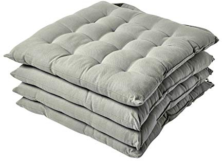 HOMESCAPES Grey Seat Pads for Dining Chair, Set of 4 100% Cotton Chair Pads with Straps, 40x40 cm