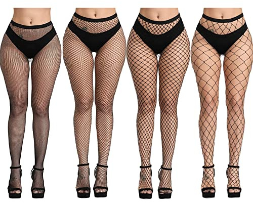 Medias Dreshow de red de punto en cruz, sin costuras, de malla de nailon 4 Pair Pantyhoses: 4 style fishnet Talla única