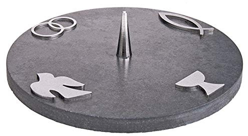 FRITZ COX Steinteller mit 4 Symbolen | Kerzenständer SAKRAMENTE | Symbole aus Edelstahl | Kerzenleuchter mit christlichen Symbolen | 14cm