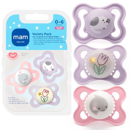 MAM Pacifier 0-6 Months Variety Pack, BPA-Free, Silicone Nipple, 3 Pack | 1 Original, 1 Original Glow In The Dark, 1 Air, Developed with Medical Experts, Made in Europe