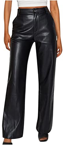 ADOSSAC Faux Leather Pant Pantalons Femme Pantalon Femme en Simili Cuir Large Confortable avec Poches et Bouton Pantalon Imitation Cuir Popsy Pants Femme Imitation Leather Leggings Femme, Noir, M