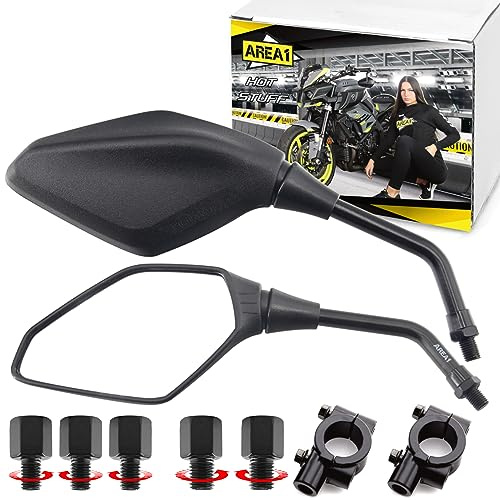 Area1 Motorradspiegel Motorroller Rückspiegel Set (rechts+links) e-geprüft 2xM10/M8 Rechtsgewinde + 1xM10/M8 Linksgewindeadapter + 2x Lenkerhalterung als Montage-Alternative.