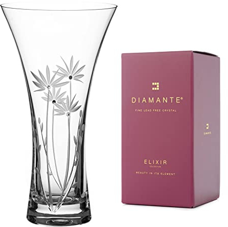 DIAMANTE Swarovski Trumpet Shaped Crystal Glass Vase Bloom - Hand Cut Flower Decoration with Swarovski Crystals - 25cm in gift box